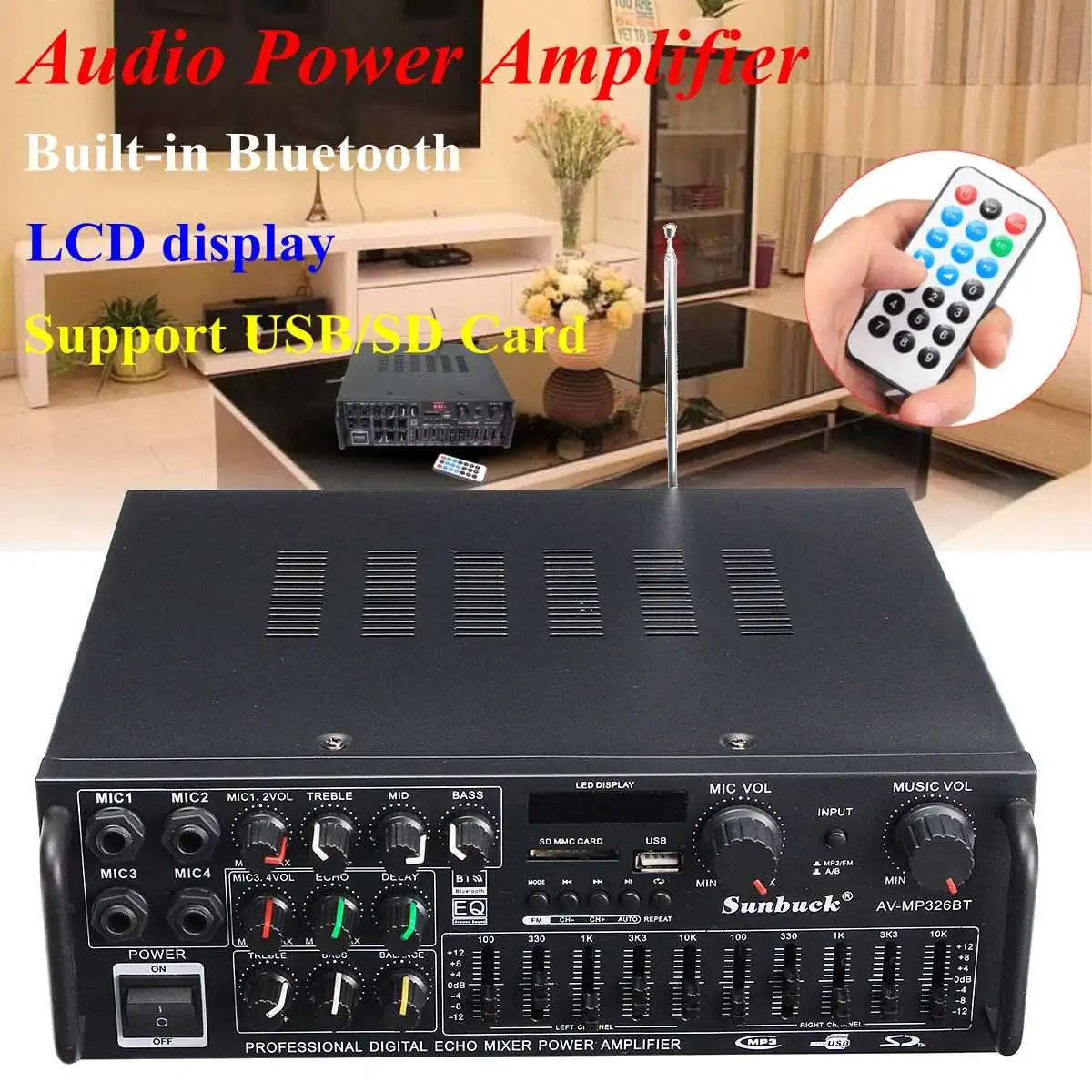 Bluetooth 2.0 Channel 2000W Audio Power HiFi Amplifier 326BT 12V/220V AV Amp Speaker with Remote Control for Car Home Bluetooth 2.0 Channel 2000W Audio Power HiFi Amplifier 326BT 12V/220V AV Amp Speaker with Remote Control for Car Home