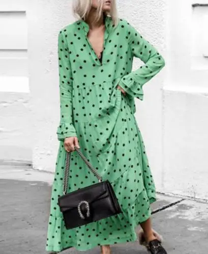 

UK Womens Long Sleeve V Neck Evening Party Loose Maxi Casual Polka Dot Dress