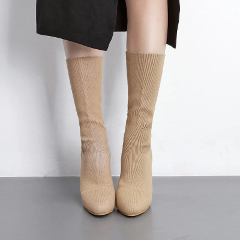 

MoBeiNi Autumn and winter with the shoes thick high-heeled elastic boots pedicure legs boots in the boots women's boots knitting