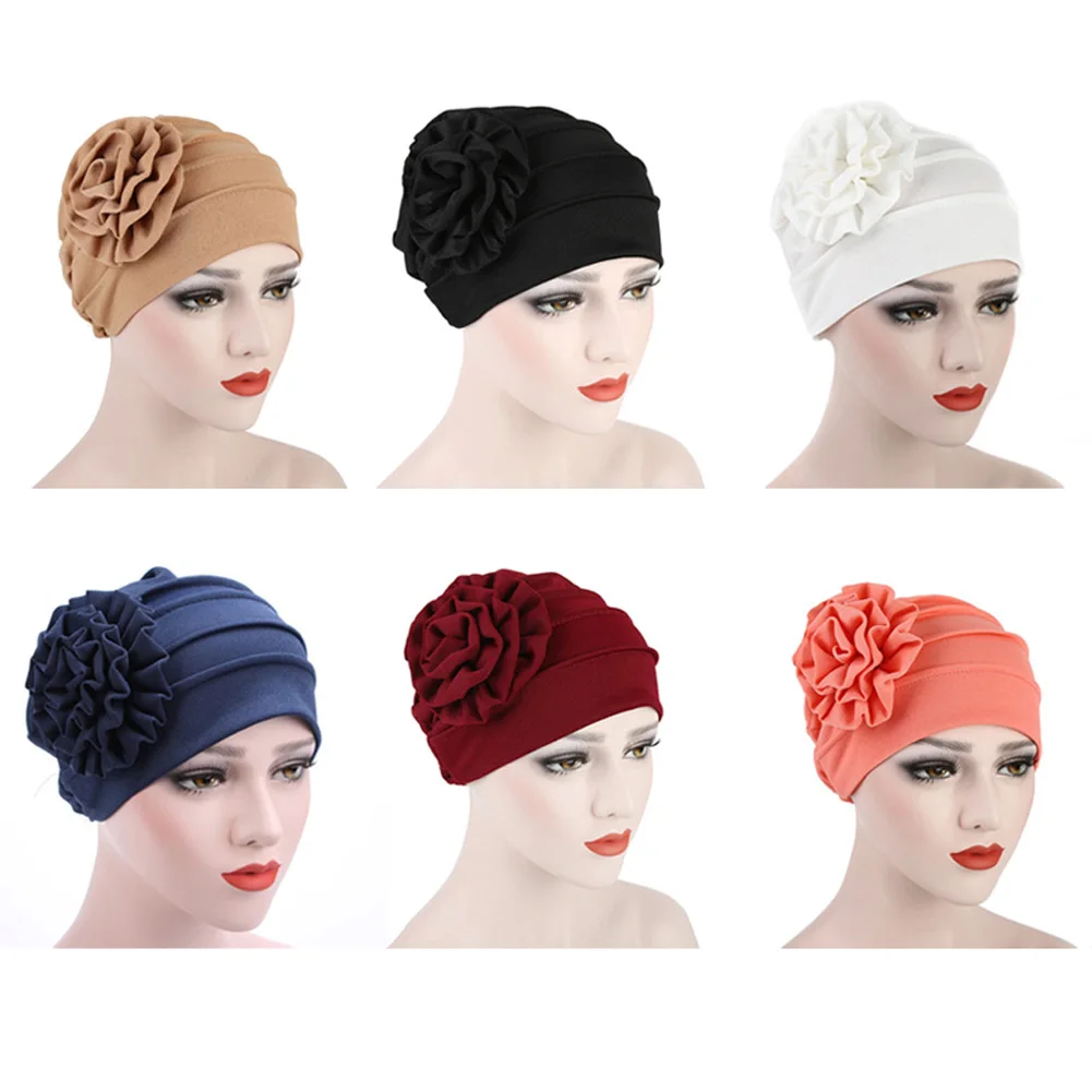 

2019 Fashion Women Cap Cotton Polyerter Flower Chemo Beanie Solid Color Ladies Baggy Hat Muslim Inclusive Caps Casquette Homme