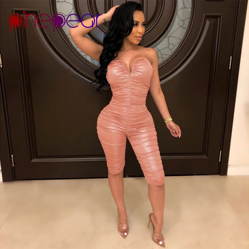 

PinePear Light Pink Strapless V-Neck Ruched Pleated Playsuit Women 2019 Fashion Draped Stretchy Bodycon Jumpsuit Drop Shipping