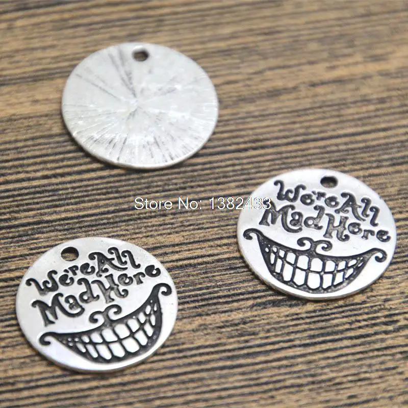 

15pcs We're All Mad Here Charms silver tone Alice In Wonderland Cheshire Cat Grin Pendants 20mm