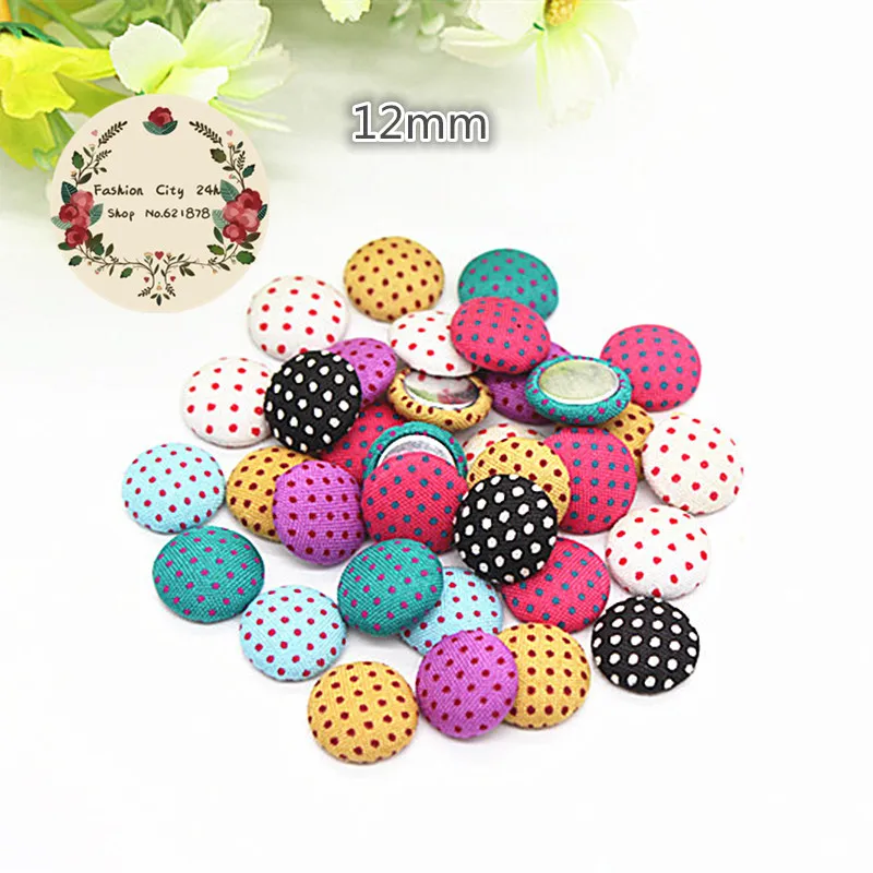 

50pcs Mix Colors 12mm Polka-dot Fabric Covered Round Button Flatback Cabochon DIY Handmade Button Scrapbooking,BK1024