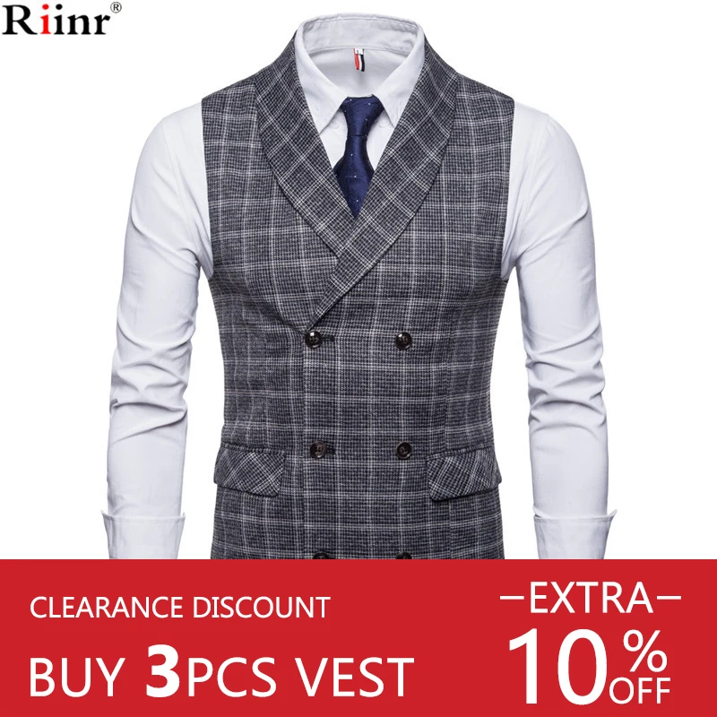 

Riinr New Wedding Dress High-quality Vests Grid Pattern Cotton Men's Fashion Design Suit Vest Men's Business Casual Suit Vest