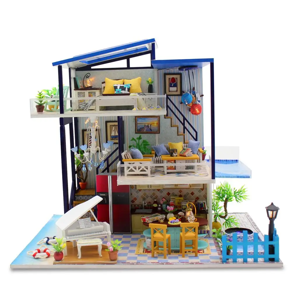 

DIY Small Doll House Blue Sea Adventure without Dust Cover Wooden Miniatura Doll Houses Miniature Dollhouse Toys With Furniture