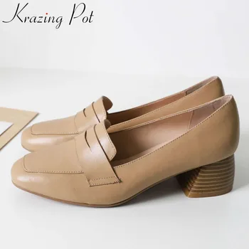 

2019 original design British school geuine leather chunky med heels slip on classic square toe streetwear daily wear pumps L03
