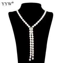 Freshwater Pearl Sweater Chain Necklace With Brass Potato Silver Color Plated With Rhinestone White Approx 24.4 Inch shiny eyeglass brass chain spectacle retainer electro plated with silver embedded with black acrylic beads