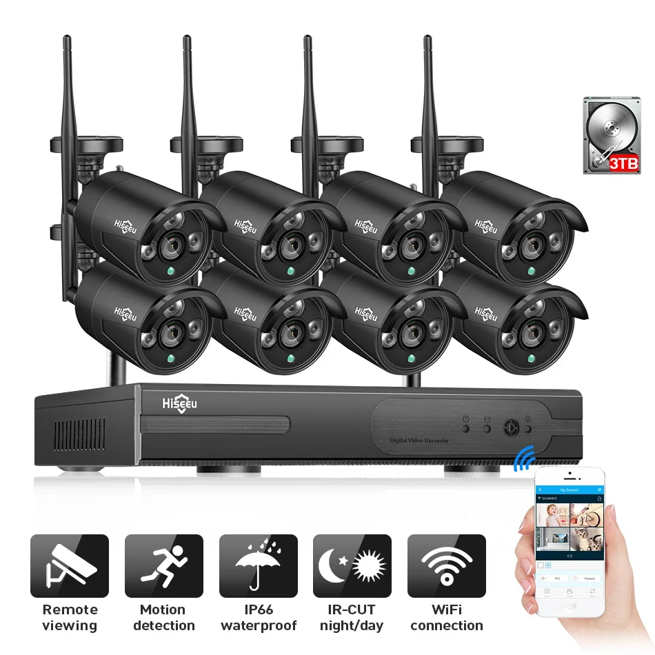 2MP 8CH Wireless 1080P NVR CCTV Camera System kit IP Wifi Camera Black 3TB HDD Outdoor Night Vision Security System Hiseeu H.265 2MP 8CH Wireless 1080P NVR CCTV Camera System kit IP Wifi Camera Black 3TB HDD Outdoor Night Vision Security System Hiseeu H.265