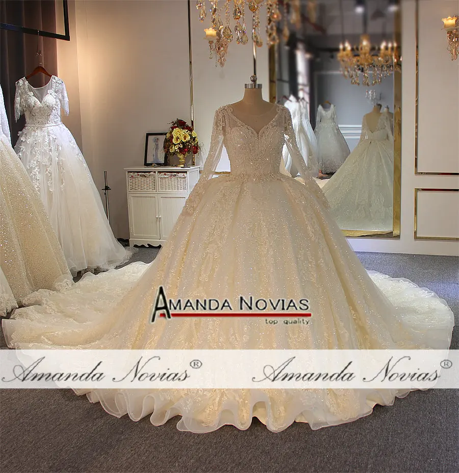 Потрясающее блестящее свадебное платье с бисером и длинными рукавами, свадебное Платье Аманда новиас