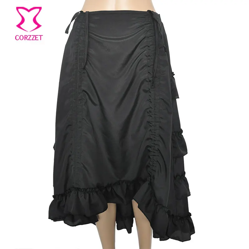 Fashion Black Cascaded Ruffle Chiffon Victorian Women Skirt with Front Short Back Long Sexy Gothic Skirts For Steampunk Courtue