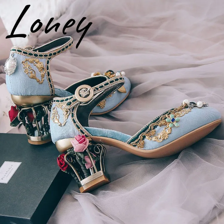 

Loney New Black Red Velvet Pearl Beading Summer Pumps Round Toe Floral Caged HIgh Heel Sandals Pumps Shoes Women