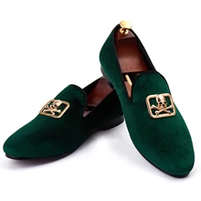 Harpelunde Gold Skull Buckle Men Formal Shoes Green Velvet Slippers Custom Loafer Shoes Size 7-14 Harpelunde Gold Skull Buckle Men Formal Shoes Green Velvet Slippers Custom Loafer Shoes Size 7-14