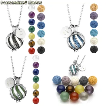 

Free Engraving Personalized Custom Pendant Jewelry Chakra 6Pcs Lava Beads Twist Ball Hollow Cage Locket Pendant Necklace Set