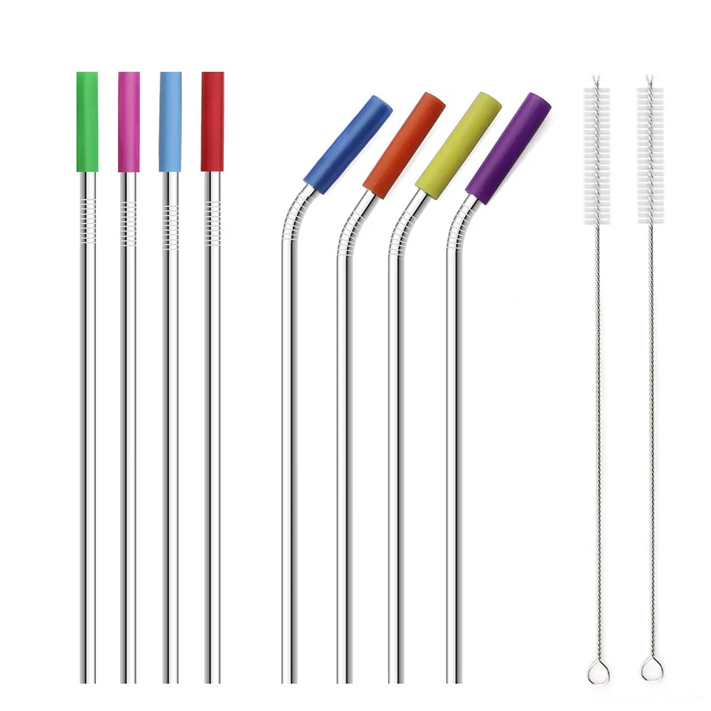 215mm High Quality Straw Bent Silicone Tip 100% Brand New Stainless Steel Metal Drinking Straws 2 Cleaning Brushes Recycle 8pcs | Дом и сад