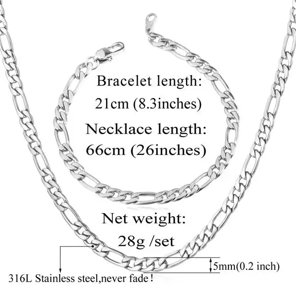 U7 Фигаро Цепочки Колье Браслет Ювелирные Комплекты Для Мужчин Позолоченные Цепь Ожерелья Оптом 3 Размеры S430 - Окраска металла: Stainless Set 26inch