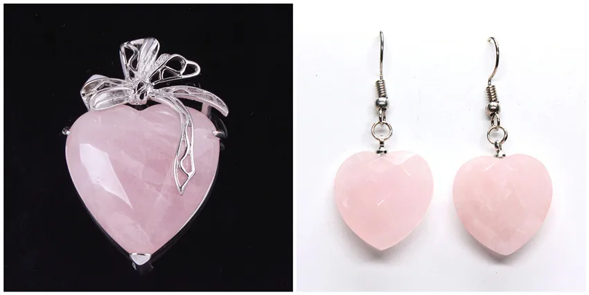 

Kraft-beads Silver Plated Natural Rose Pink Quartz Love Heart Pendant Drop Earrings Elegant Style Jewelry Set