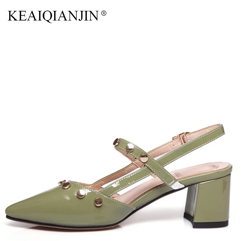 

KEAIQIANJIN Woman Green Genuine Leather Sandals Fashion White Party High Heeled Shoes Sexy Summer Plus Size 34-43 Rivet Sandals