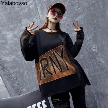 

O neck Hole Long Sleeve T shirts Word Patchwork Printing Casual Shirts Vintage Tees Loose Waist Tops for woman A110Z40