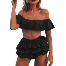 Винтажные женские купальники, купальники, пляжные однотонные купальник с оборками, бикини, танкини, набор, популярные женские купальники, фантазийные бикини для девочек