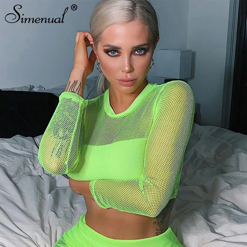 

Simenual Hollow Out Sexy Hot T Shirts Women Long Sleeve Mesh Crop Top Neon Green 2019 Fashion Tee Shirts Solid Casual Femme Tops