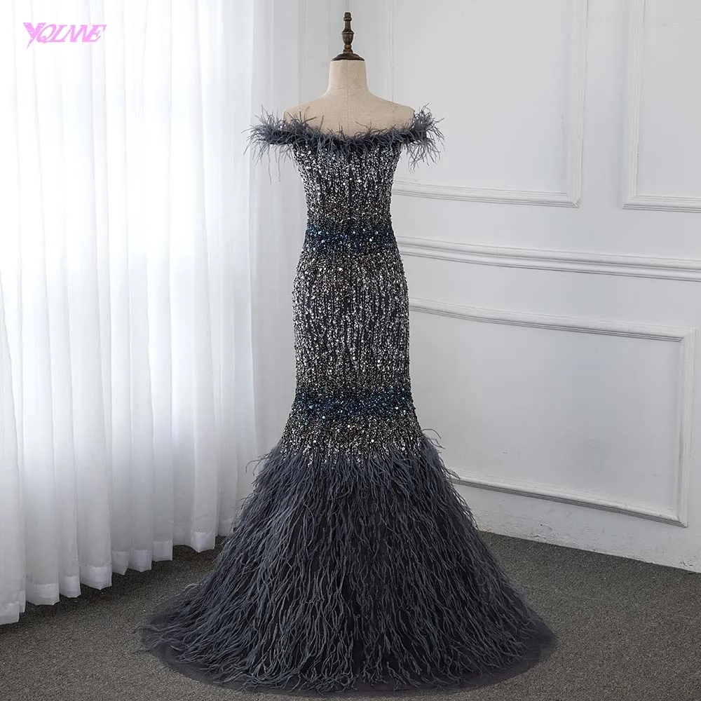 Luxury Gray Feathers Evening Dresses Long Off Shoulder Crystal Mermaid Evening Gown Competition YQLNNE