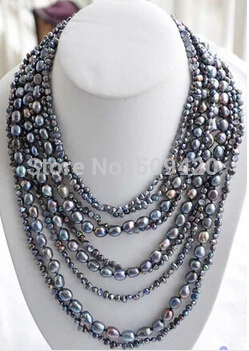 

Free shipping >>@ +>9row 17~27" 10mm peacock black baroque freshwater cultured pearl necklace