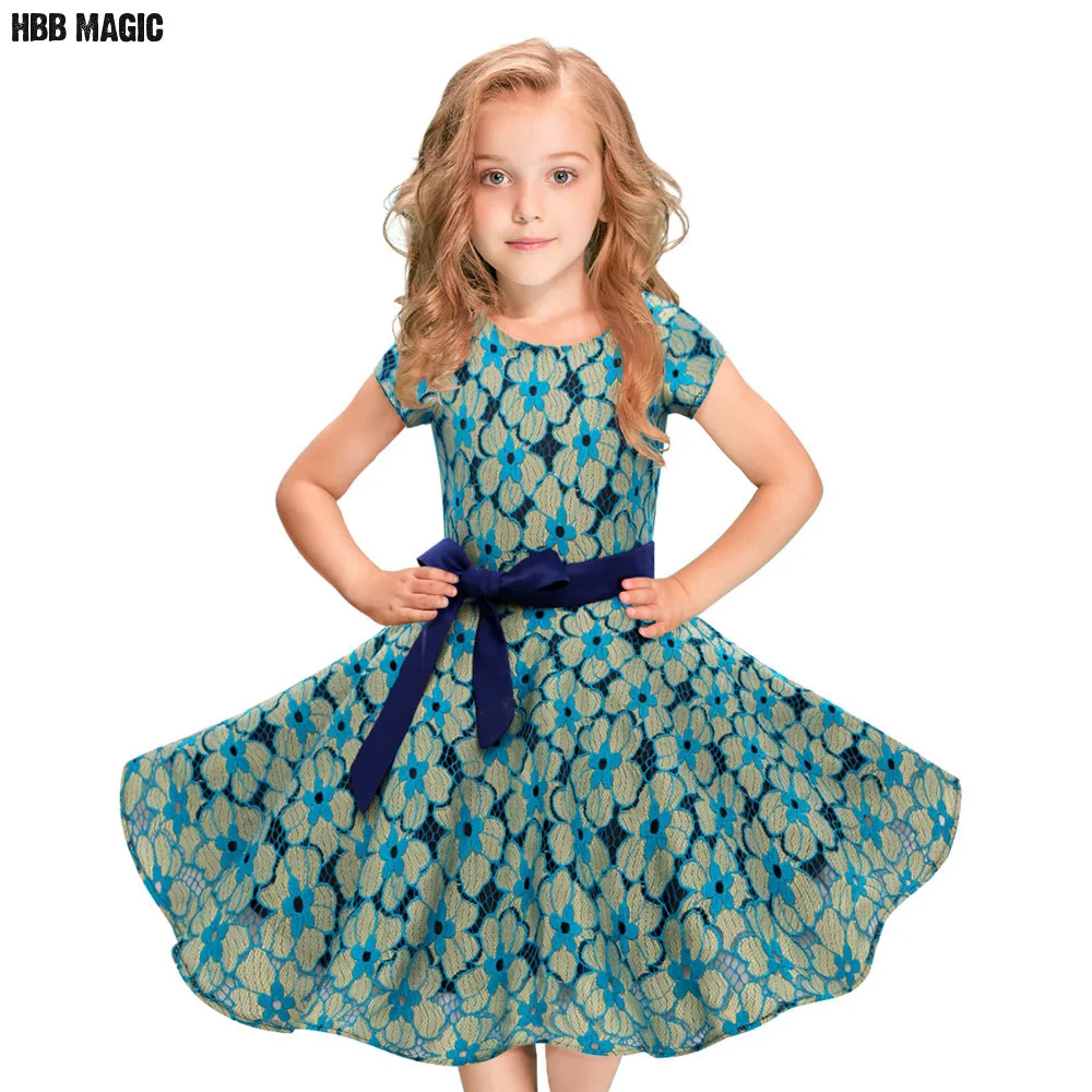 

Lace Floral Girls Dress Summer Short Sleeve Cotton Kids Dresses for Girls 50s 60s Vintage Swing Children Party Princess Dress
