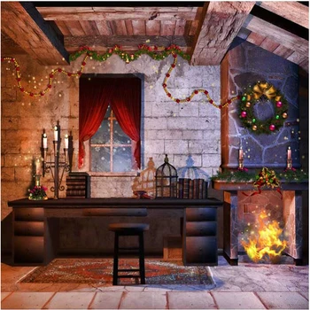 

Merry Christmas Backdrops for Photography Printed Red Curtain Window Brick Wall Garland Fireplace Home Xmas Party Background