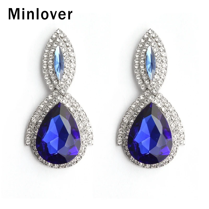 Minlover роскошные серебряные кристалл синего цвета невесты каплевидные большие серьги для женщин Свадебные висячие серьги-подвески с аксессуарами MEH1435