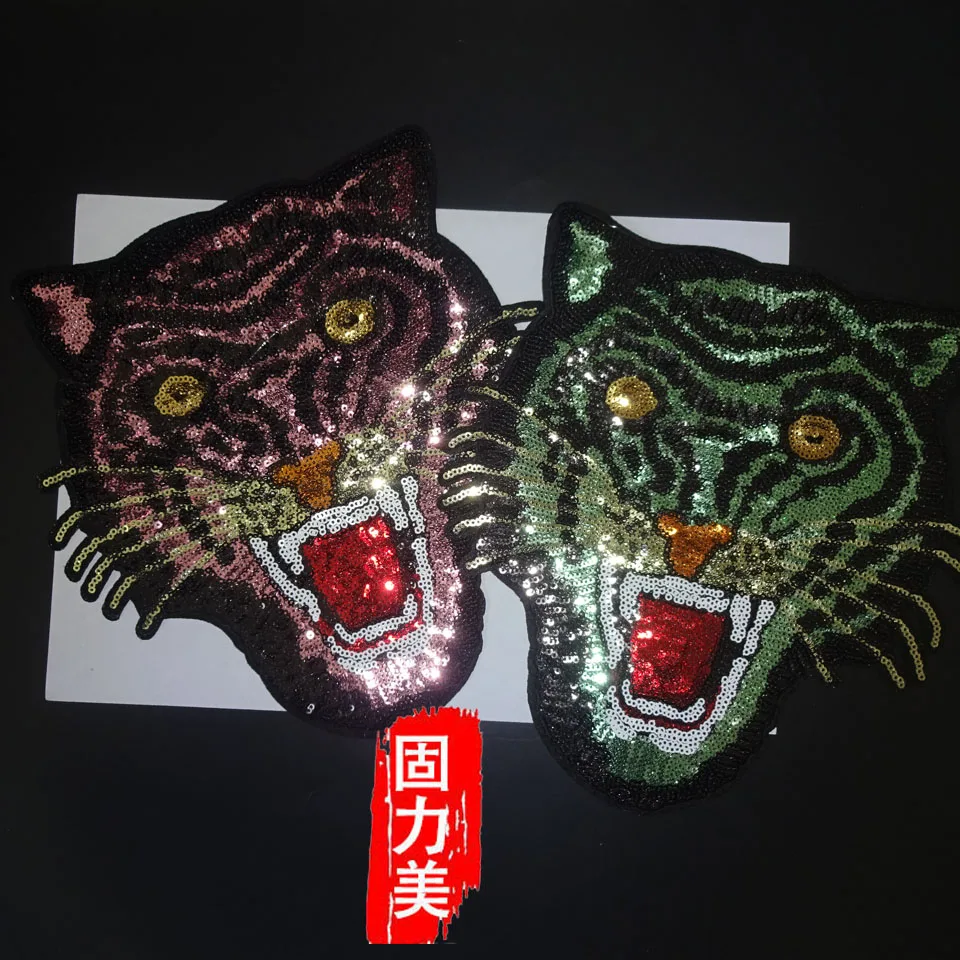 

10pc sequins Embroidered big tiger head Iron with glue On Patches Applique DIY Lace Clothing Accessory coat Sweater Fleece