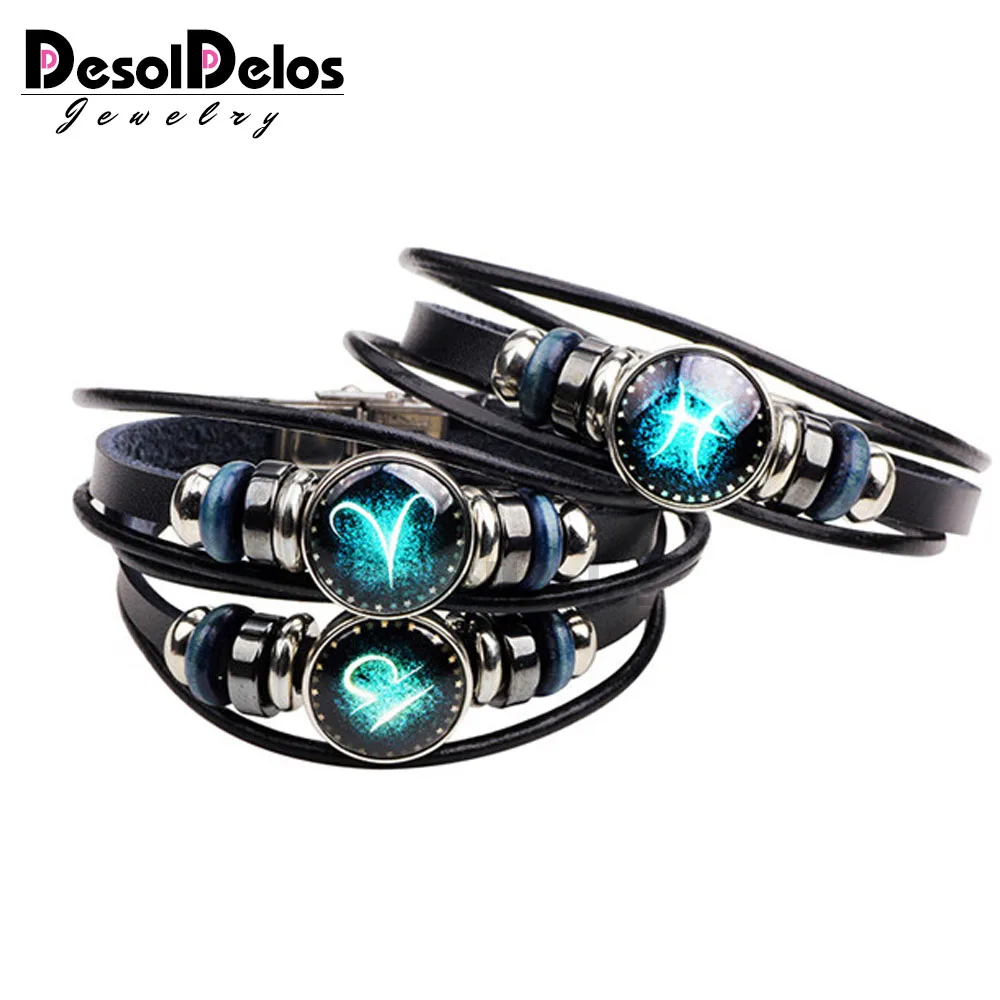 

NEW 12 Constellation Mens Bracelets Handmade Zodiac Signs Bracelet beaded Charm Leather Bracelet Punk Rock Men Jewelry 2019