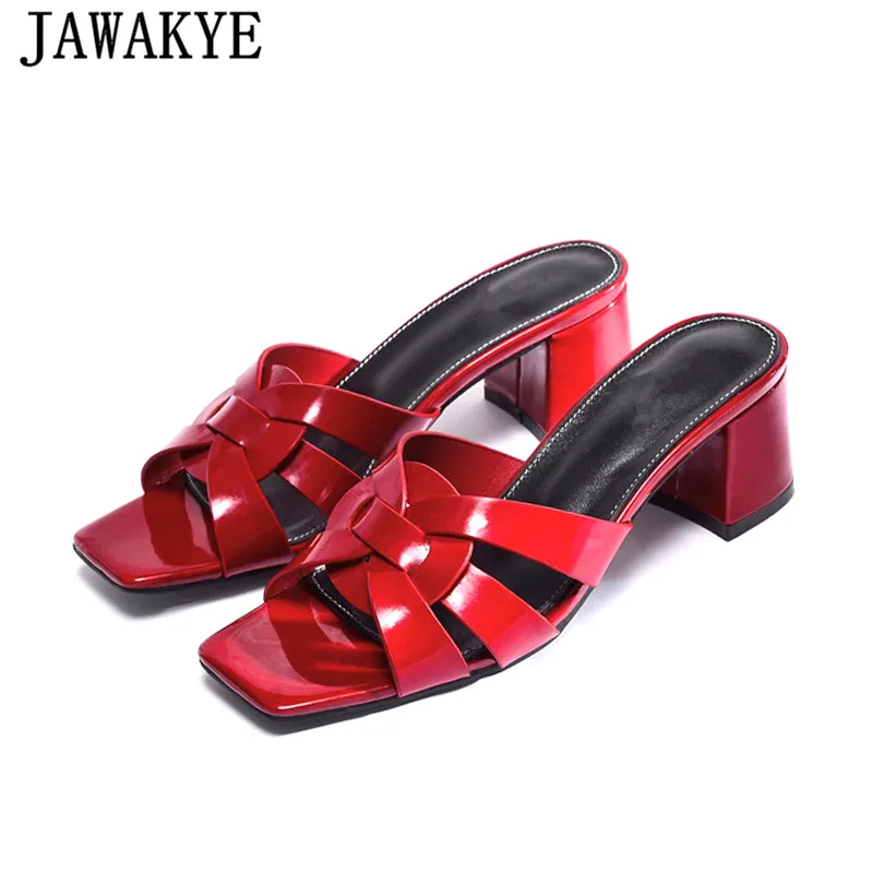 

2019 summer new chunky heel slippers patent leather stone grain open toe sandals runway style flip flops outdoor mules shoes