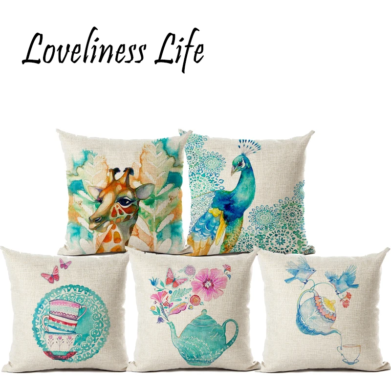 Modern Houseware Linen Cushion Cover in Chinaware Home Car Kitchen Sofa Colorful Floral Throw Pillow Case Almofadas Cojines | Дом и сад