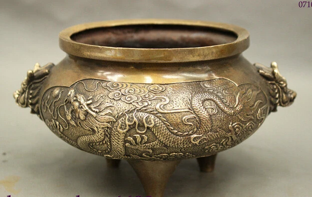 

shitou 002713 7 Marked China Buddhism Bronze Copper 3 Foot Dragon Statue Incense Burner Censer