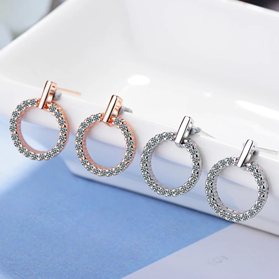 

925 Sterling Silver Round Earring Simple Design Crystal Prevent Allergy Stud Earrings For Women Sterling Silver Wedding Jewelry