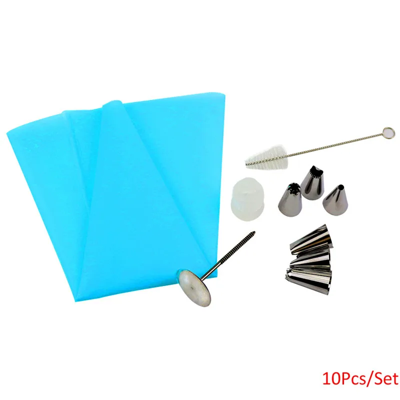 

10Pcs Silicone DIY Icing Piping Cream Pastry Bag+6 Cake Nozzle Tips Decorating Tools+Stainless Steel Needles+ Cleaning Brush