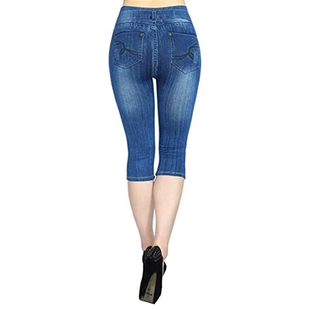 Женские легинсы большого размера имитация укороченные брюки фальшивый карман брюки облегающие Джеггинсы джинсовые обтягивающие
