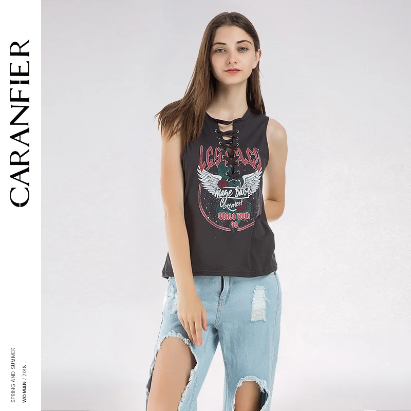 CARANFIER/женская футболка в стиле панк летающие крылья с галстуками черные летние