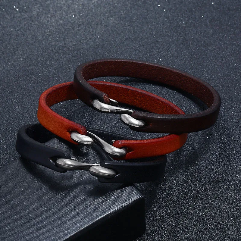 

Men Bracelet Vintage Black/Brown Genuine Leather Hook Bracelet Men Wristband Bangles Male Jewelry 20cm 21.5cm