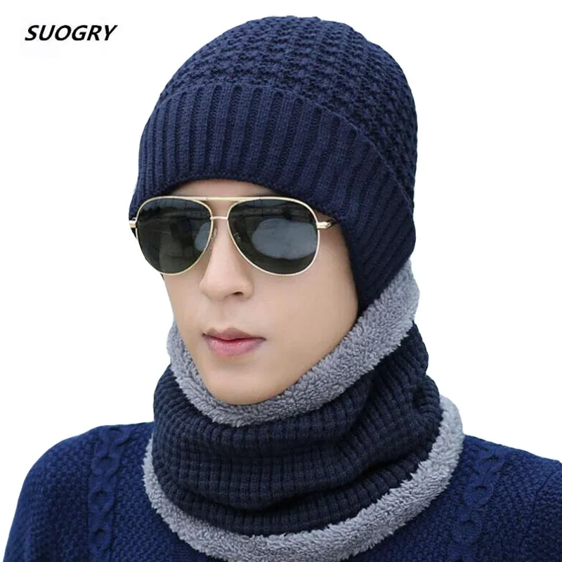 

SUOGRY Hot Sale Ski Cap and Warm Leather Scarf Cold Winter Hat for Women Men Knitted Skullies Bonnet Hat Cap Warm Gorros