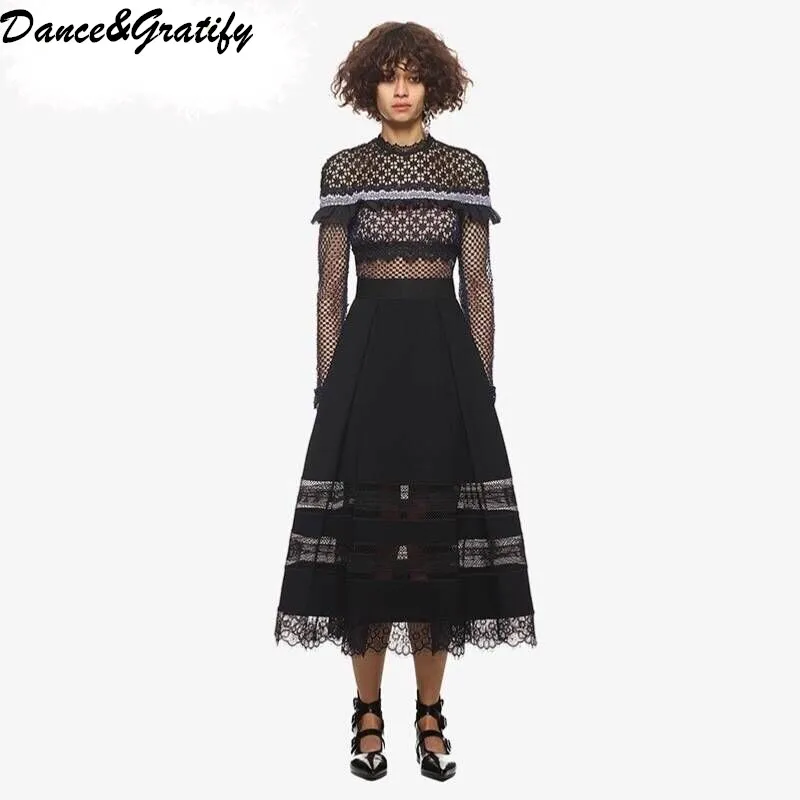 

Dance&Gratify New 2018 Self-portrait Lace Patchwork Runway Dress Womens Casual Black Ruffles Party Long Dresses