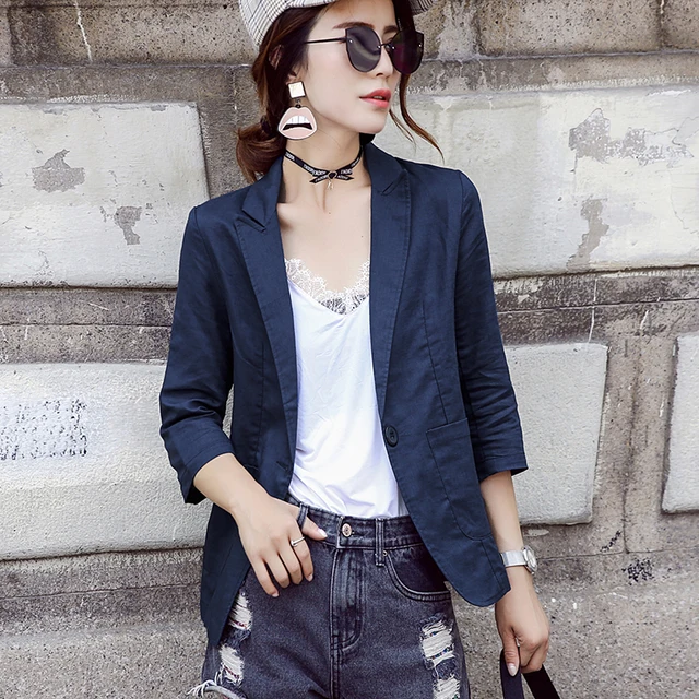 Summer White Casual Women Thin section linen Blazer Jacket Female