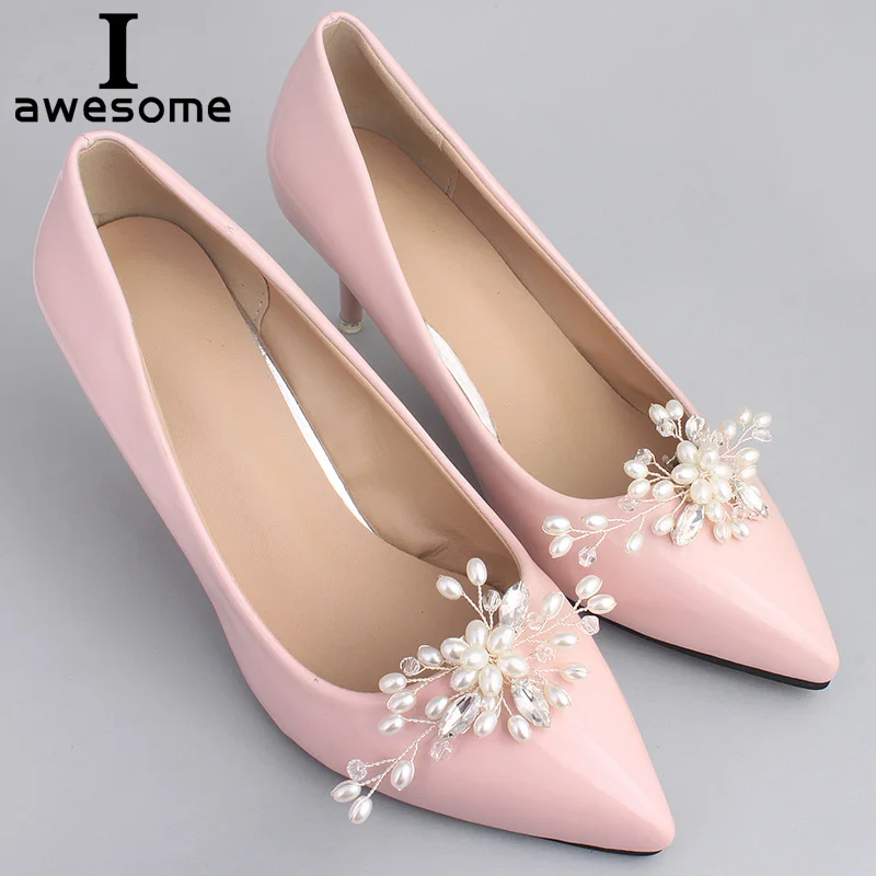 1 Pair Pearl Decorative Shoe Clips Rhinestone Crystal Charm