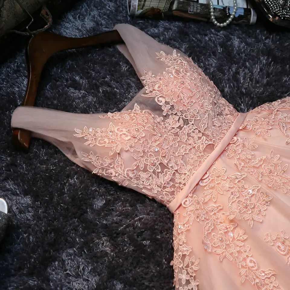 US $38.64 Elegant Pearl Pink Prom Dresses 2020 Sexy Prom Dress Short V Neck Appliques Beading Lace Up KneeLength Graduation Party Gowns