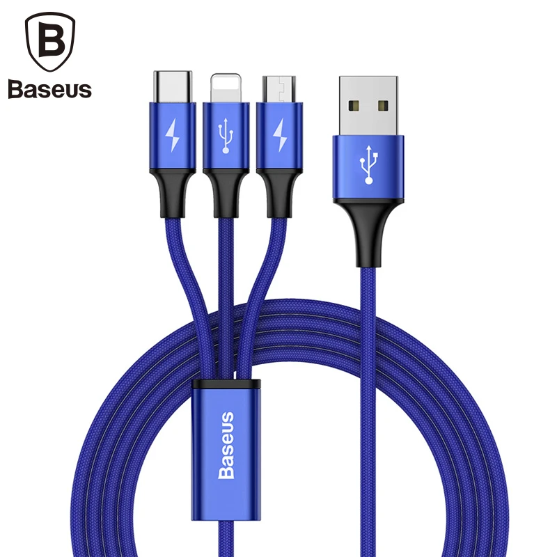 Baseus 3 في 1 كابل يو اس بي ل فون XS ماكس XR X 8 سامسونج هواوي شاحن المصغّر usb كابل 2 في 1 الهاتف المحمول USB نوع c كابل