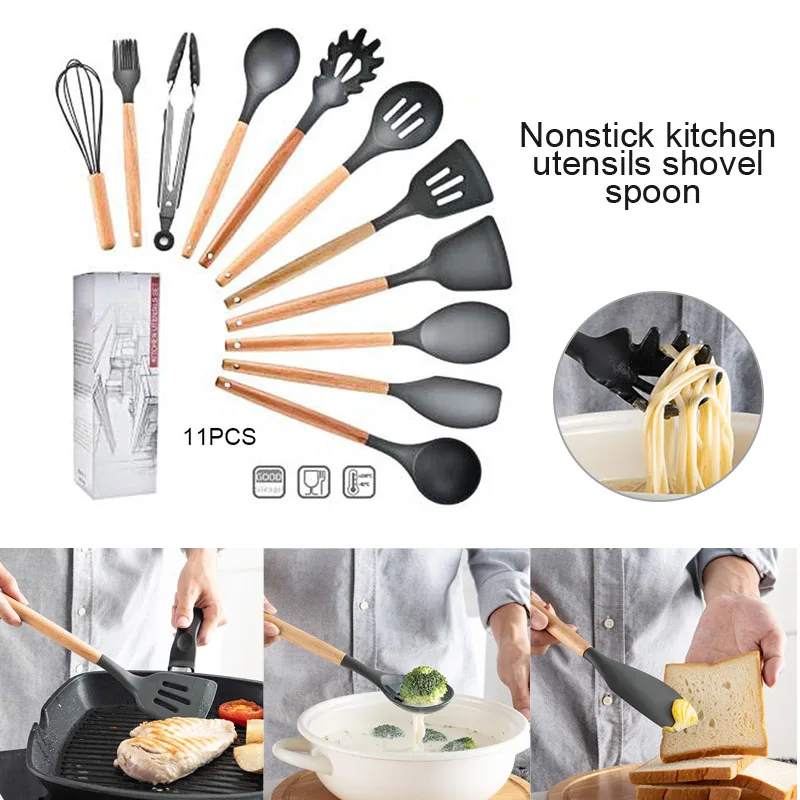 

Newly Silicone Cooking Utensils Kitchen Utensil Set Nonstick Cookware Wooden Handles Cooking Tools Turner Tongs Spatula Spoon