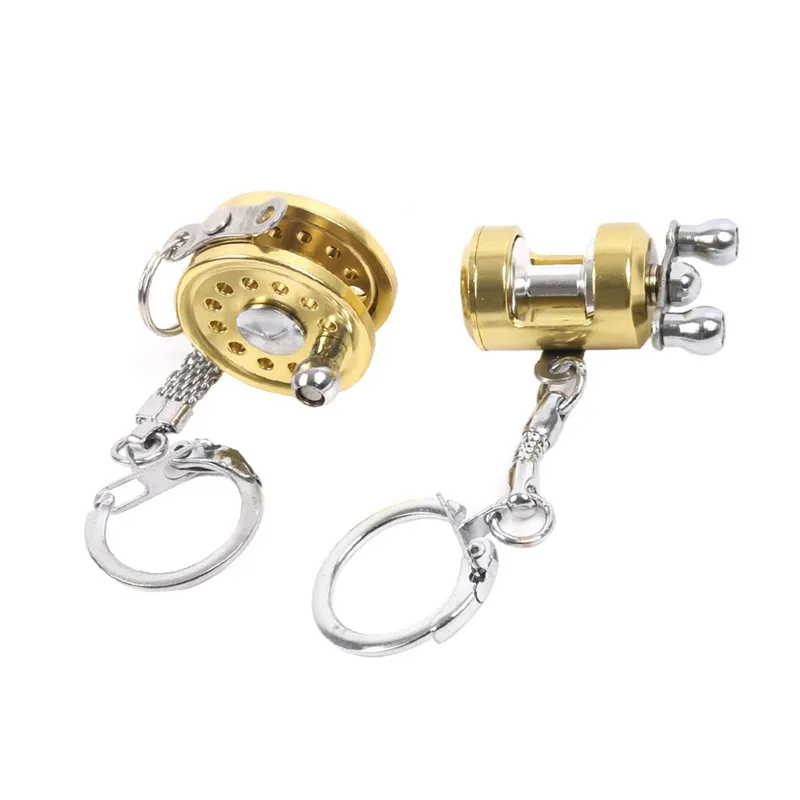 Outdoor 1pcs Fishing Wheel keychain Gold Color Fly Fisherman Spinning