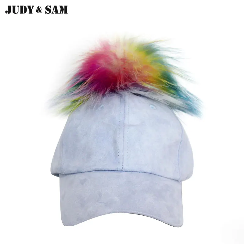 

Rainbow Colorful Fur Pom Pom Baseball Cap Real Fur Pompoms Hat Spring Summer Hiphop Casual Snapback