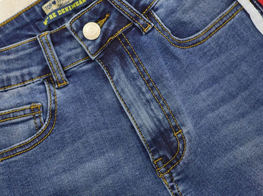 2018 Весна и осень Женская высокая талия denim flare Штаны джинсовые свободные штаны шить из двух цвет ленты микро-la джинсы