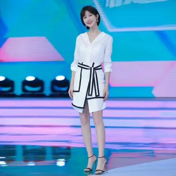 

New 2018 Autumn Women's X-long Blouse Mini Skirt Suits Striped Sashes Sexy Split Skirt White Shirt Sets Office Lady's Clothes